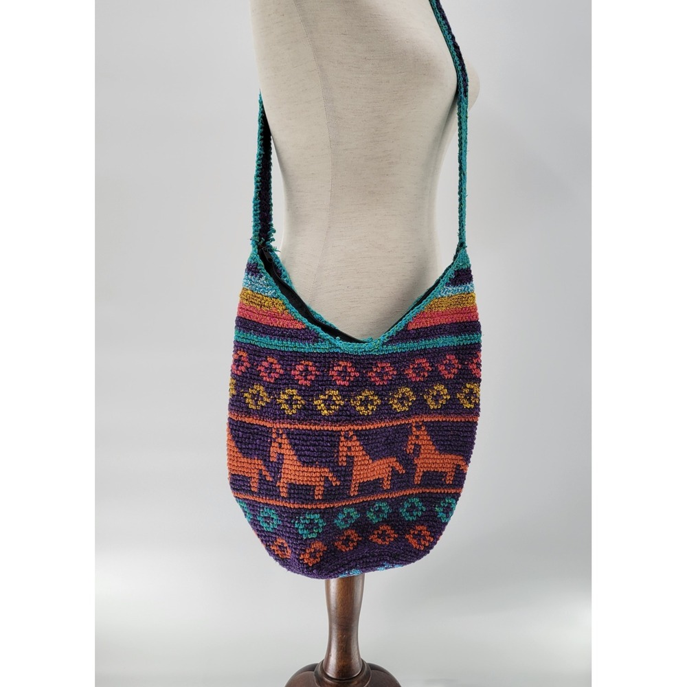 Handmade Guatemalan Crochet Crossbody Bucket Bag Purple Horse Motif Zipper Boho